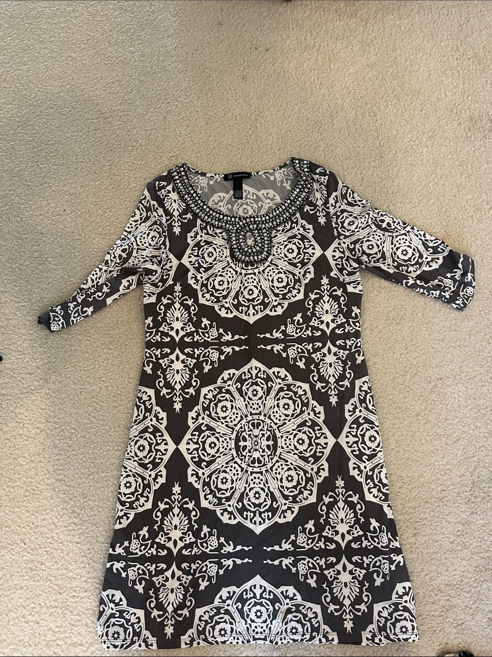 INC International Concepts Black and White Beaded Neckline Midi Dress